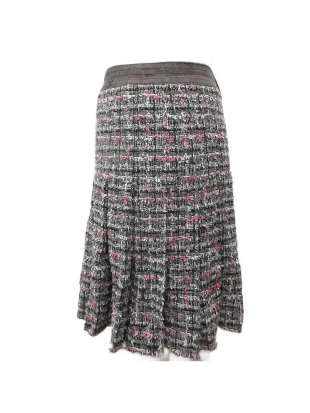 Chanel CC Logo Tweed Skirt Flare Knee Length 100% Silk 36 Black Pink